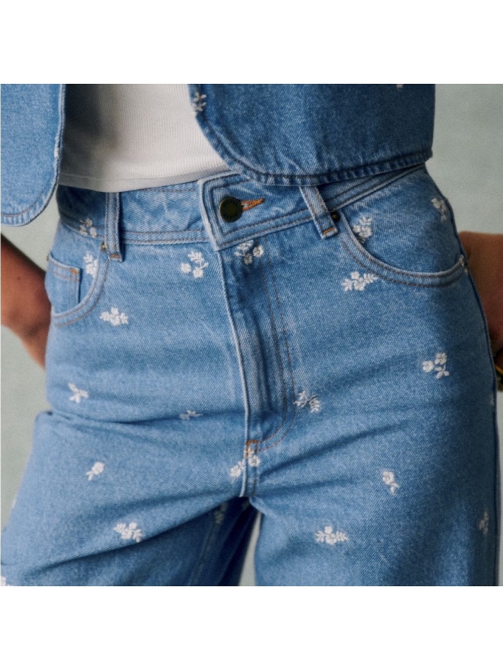 Sezane Light Blue Embroidered Wide Leg Jeans - Picture 2 of 8